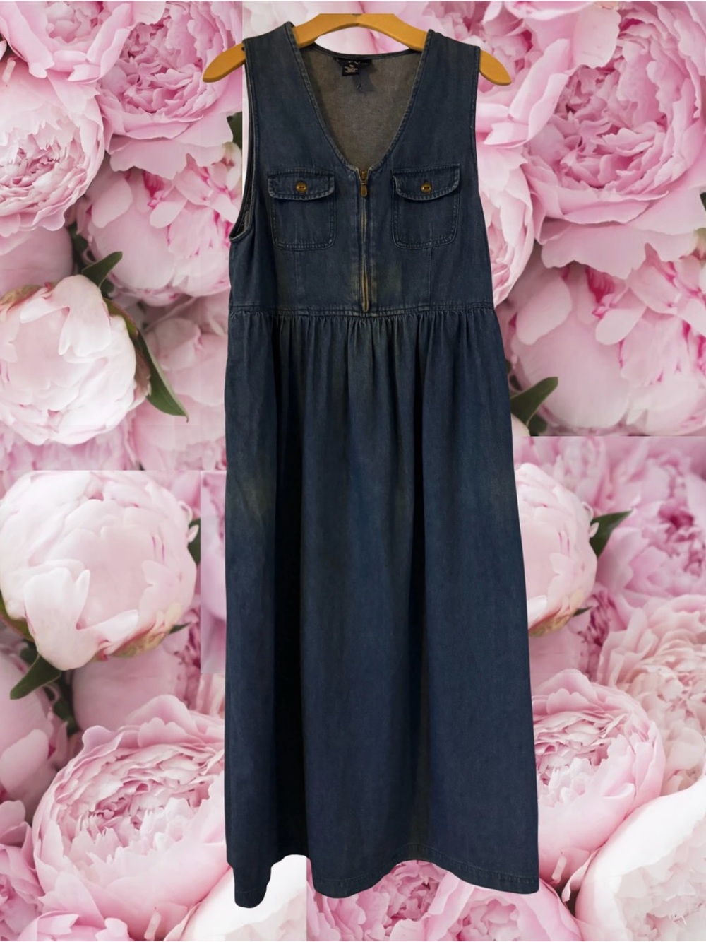 Vintage Denim Dress Jumper Original TY Wear Size 10 Maxi Pocket Zipper V Neck